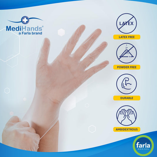 MediHands Clear Vinyl Powder Free Gloves | Food Safe | Disposable | Latex Free | Medium - Pack of 100