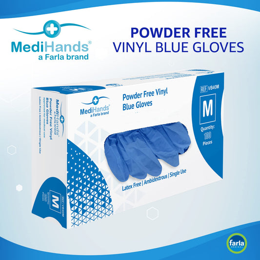 Farla MediHands Blue Medium Vinyl Gloves - Box of 100 Disposable Vinyl Medical Glove - Powder, Latex, & Protein Free Glove - Multi-Purpose, Single Use Surgical Gloves