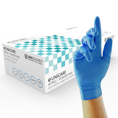 Unigloves Unicare Nitrile Examination Disposable Gloves - Multipurpose, Powder Free, Medical Gloves - Box of 100 Gloves, Blue, Medium (GS0033)