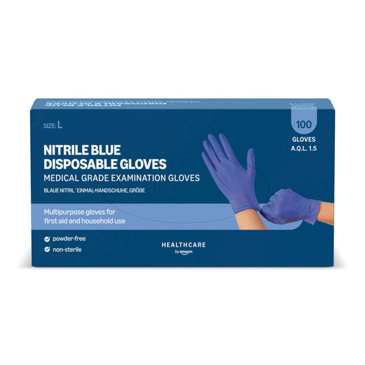 Amazon Basic Care Blue Nitrile Disposable Gloves, Powder-Free, Size L, 100 Gloves (Formerly Brand Hevea)