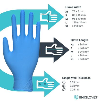 Unigloves Unicare Nitrile Examination Disposable Gloves - Multipurpose, Powder Free, Medical Gloves - Box of 100 Gloves, Blue, Medium (GS0033)