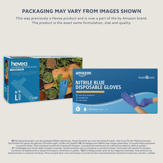 Amazon Basic Care Blue Nitrile Disposable Gloves, Powder-Free, Size L, 100 Gloves (Formerly Brand Hevea)